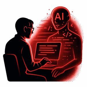 A futuristic illustration of a software developer interacting with a glowing AI hologram through text, symbolizing collaboration between human and AI in writing prompts.