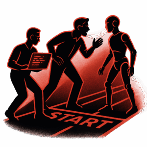 A conceptual image of two engineers at a racetrack starting line – one holding a laptop with code, the other speaking to a robot – symbolizing coding vs prompting in friendly competition.